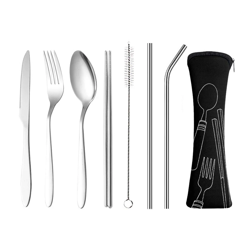 8 Pcs/Set Stainless Steel Tableware Straw Fork Spoon Lunch Tableware with Bag Brush Travel Camping Kitchen Accessories