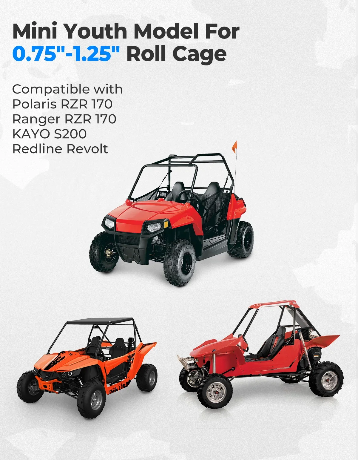 KEMiMOTO Mini Youth UTV specchietti laterali adatti per Roll Cage 0.75-1.25 "compatibile con Polaris RZR 170 Ranger RZR 170 per KAYO S200