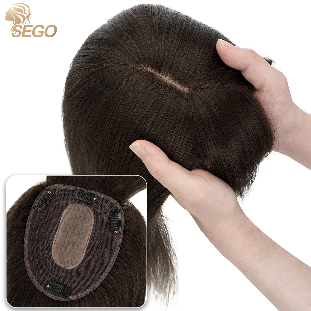 SEGO 13x15cm Human Hair Toppers For Women Straight Hair Wig Natural Hairpieces With Bangs 4 Clips In Hair Extensions