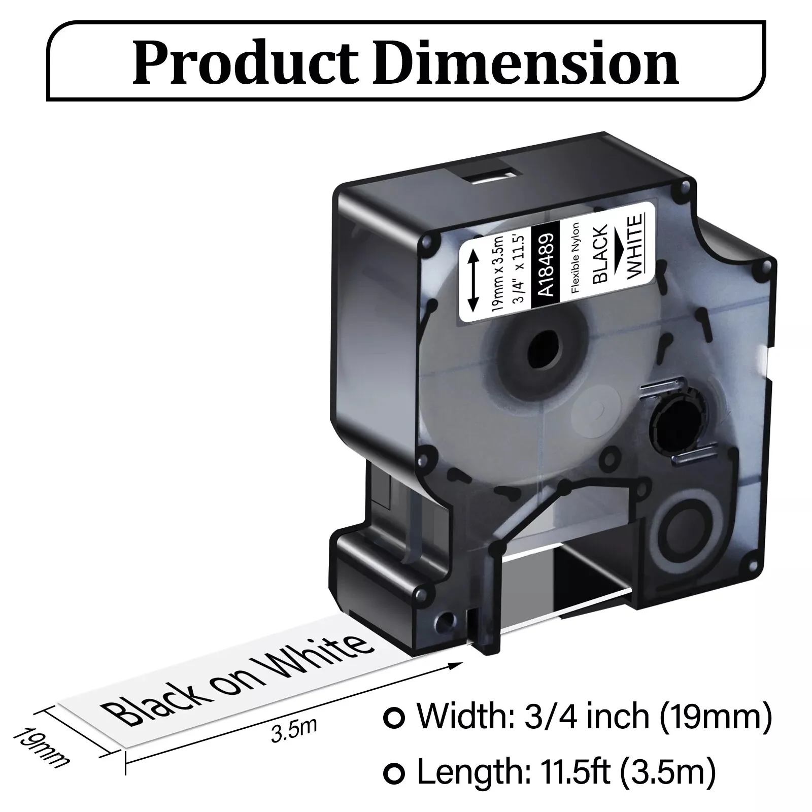 10PK Flexible Nylon Labels Compatible For Dymo 18489 19mm Labels Ribbon Black on White For Dymo Rhino 4200 5200 3MPL300 Printers