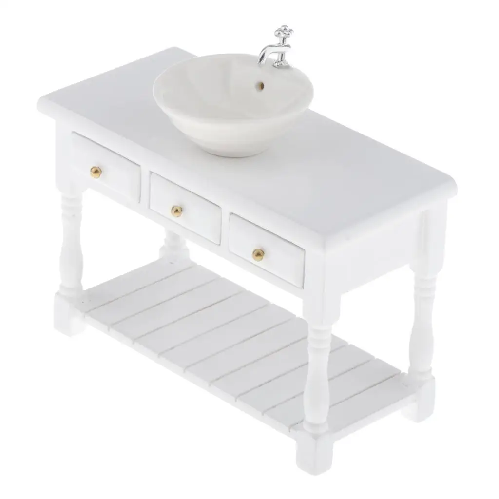 1/12 Round Wash Basin Sink with Cabinet for Doll House Bathroom Furniture Model Decorative