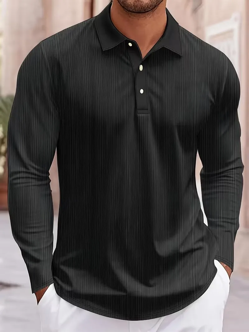 2026 autumn and winter new fashionable casual men's long sleeved POIO shirt, striped 3D printed flip tie button men's top
