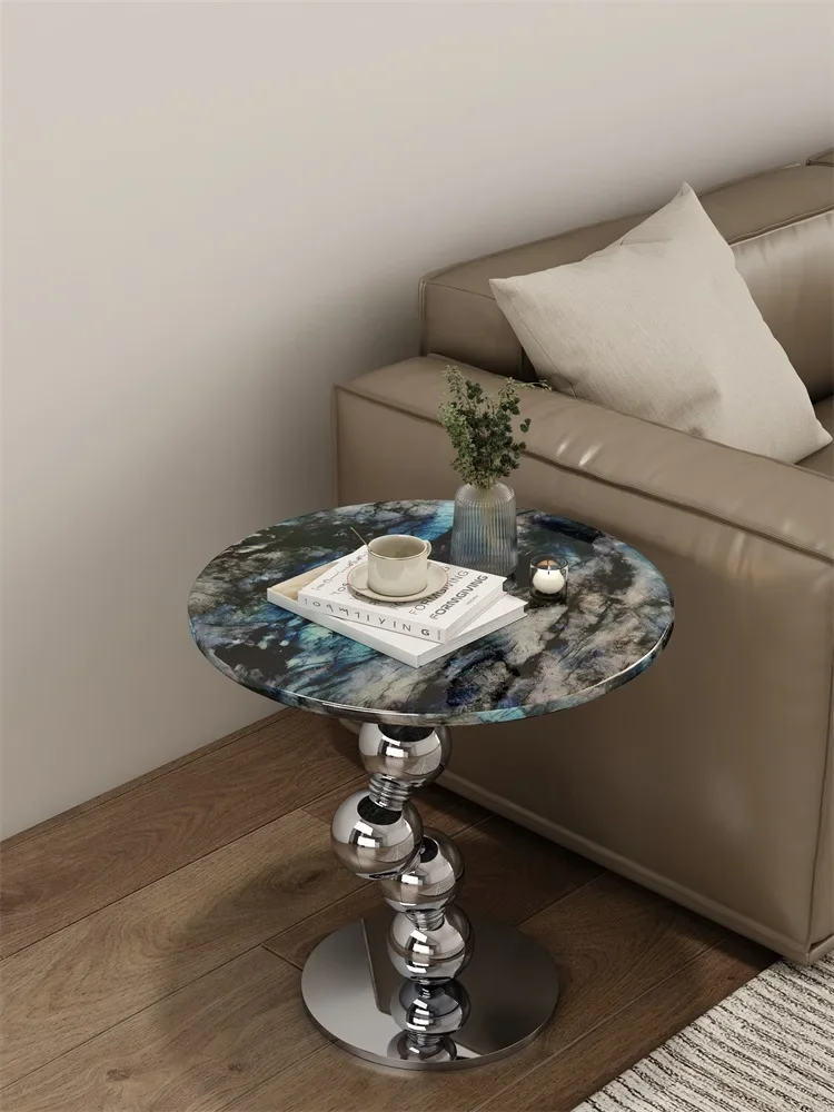 Minimalist sense of luxury, round luxury stone sofa, side table, designer light luxury living room, home marble corner