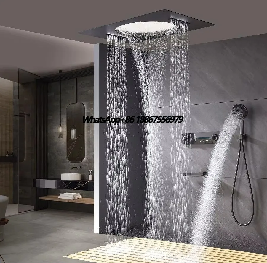 

High-Flow 4 Inch LED Showerhead Soft Spray Thermostatic Bathroom Ceiling Multi-Function Rain Shower Waterfall Made Ceramic Brass