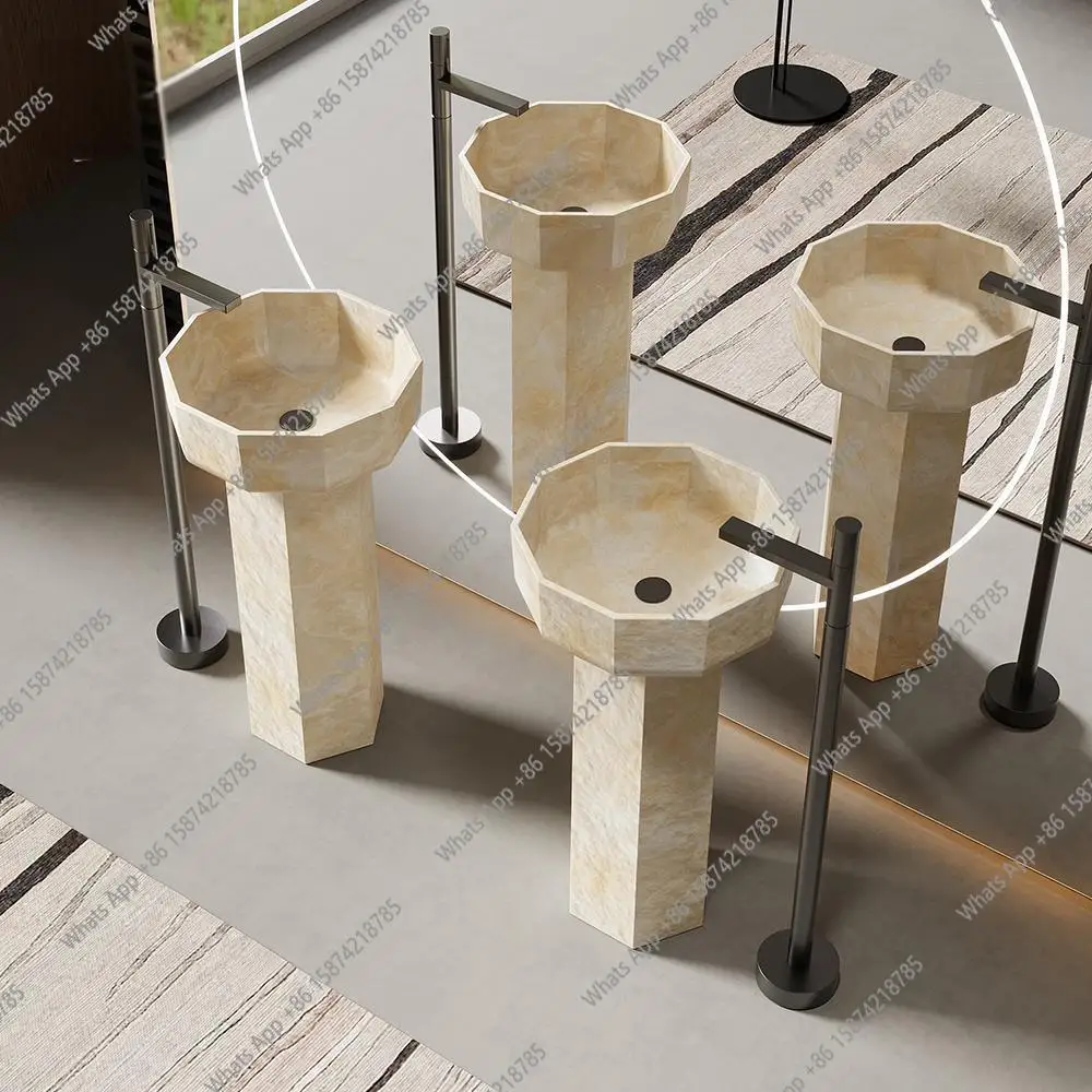 

J Beige Travertine Pedestal Sink, Outdoor Freestanding Stone Basin For Villa Balcony, Stain Resistant & Durable, Customizable