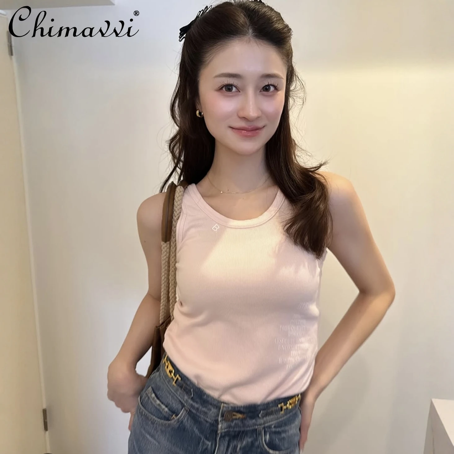 

Japanese Sweet Girl Front and Back Letter Round Neck Ribbed Vest New Summer Fashion Round Neck Slim Fit Sleeveless Elegant Tanks