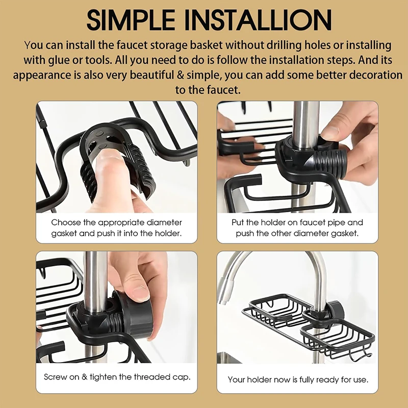 Faucet Storage Rack, Adjustables Sink Storage Rack Holder Aluminum Sponge and Dish Cloth Holder for Kitchen Sink Sponge Holder