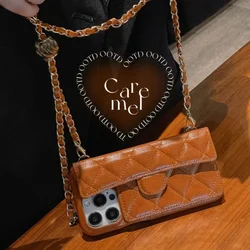 Crossbody Adjustable Lanyard Chain Phone Case For Iphone 16 15 14 13 Pro Max Wallet Card Slot Holder Lattice Leather Cover Funda