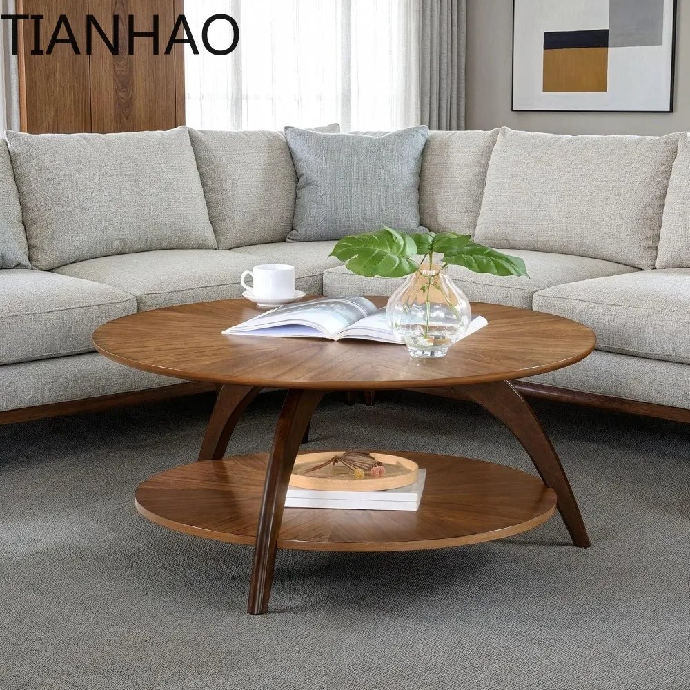 Mesa de centro redonda de madera moderna retro de mediados de siglo con estante inferior, mesa de cóctel para sala de estar o den