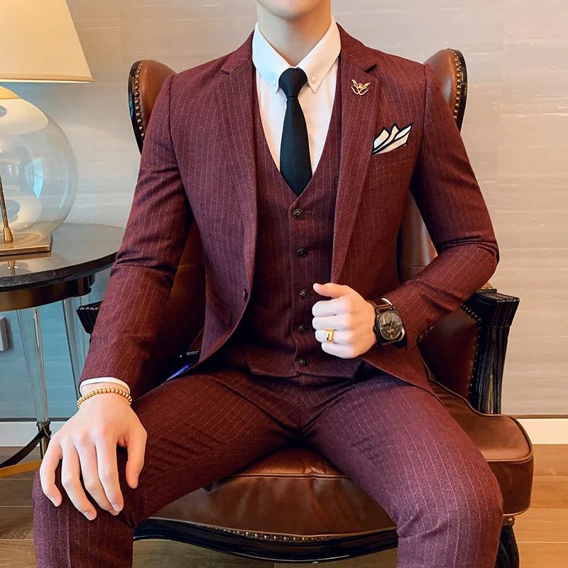 

KIDWHXR Man 3-piece Outfit Single-breasted Long Sleeve Blazer Male V-neck Vest Striped Pant Men British Style Pocket Suit Set