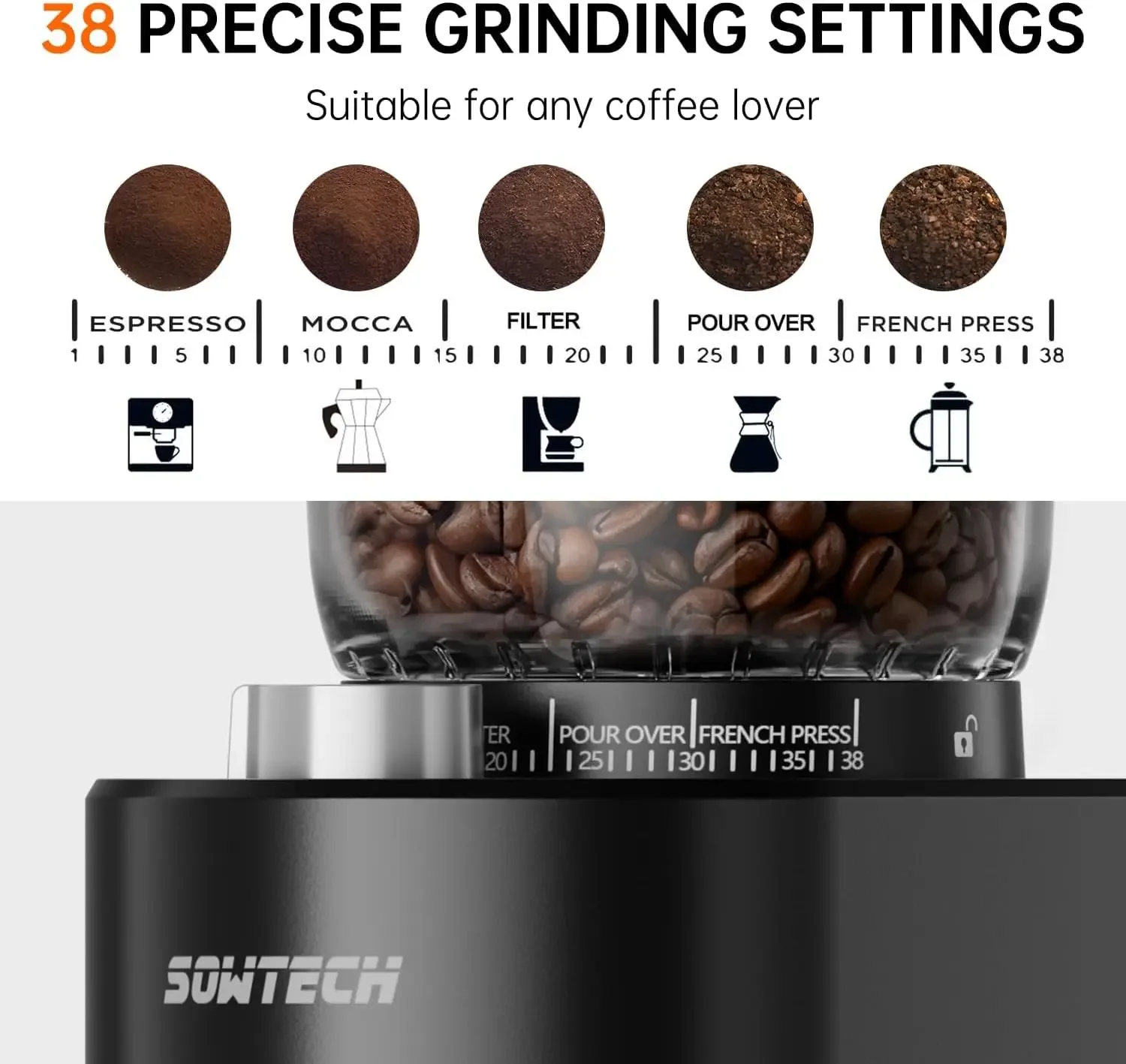 

XMSJ.Burr Coffee Grinder, Adjustable Burr Mill with 38 Precise Grind Setting, precision timer, for Espresso/Drip/Pour Over/Cold
