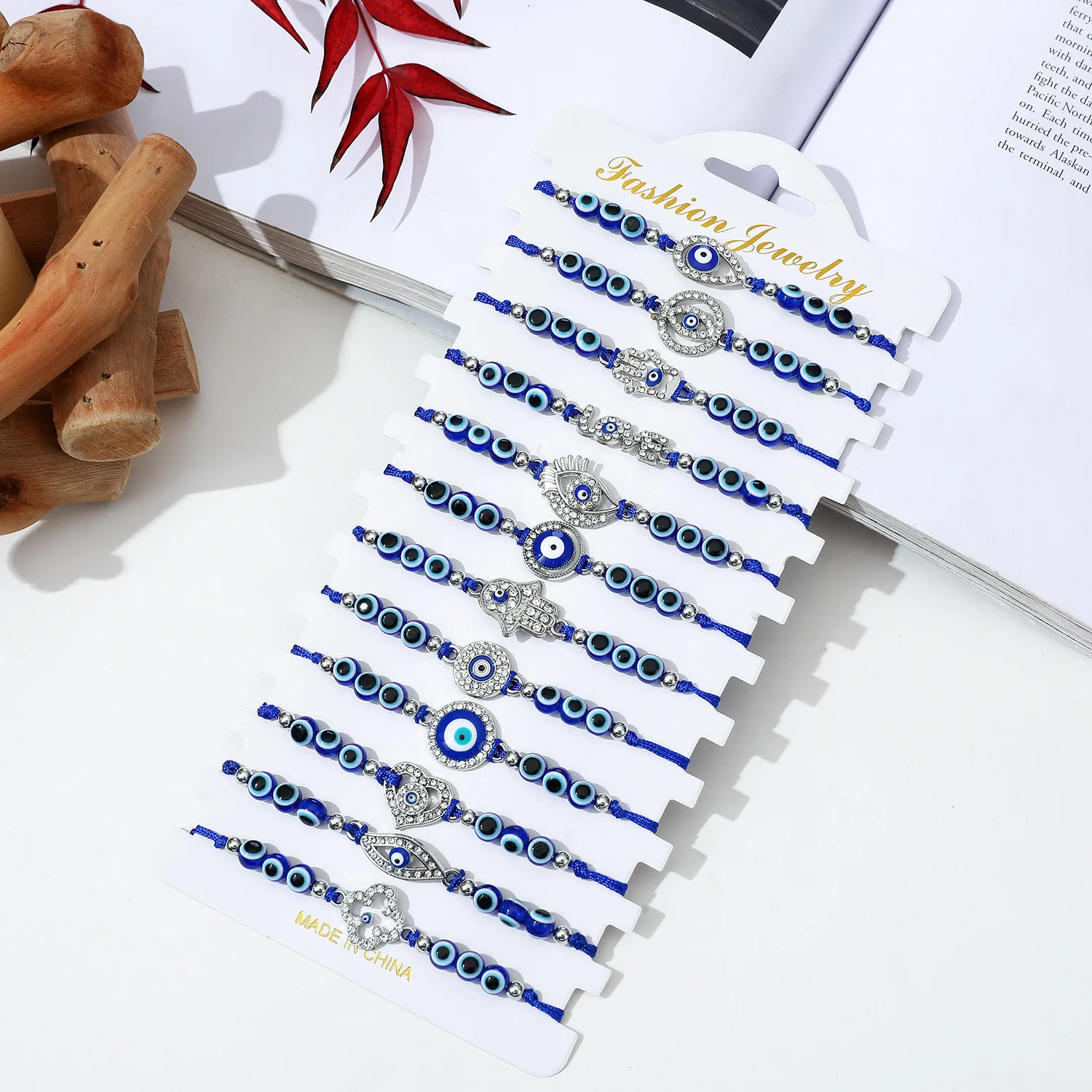 

24pcs Lucky Blue Beaded Turkish Evil Eye Alloy Rhinestone Bracelet Adjustable Braided Rope Bracelets Women Men Jewelry