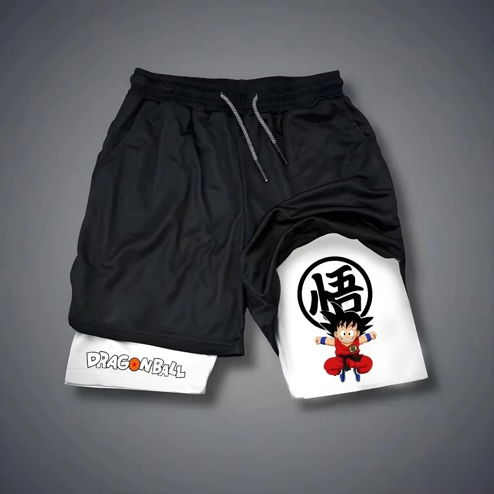 Dragon Ball Men's Shorts Double Layer 2-in-1 Shorts Son Goku Anime Summer and Autumn Fake Two-piece Sports Quick-Drying Shorts