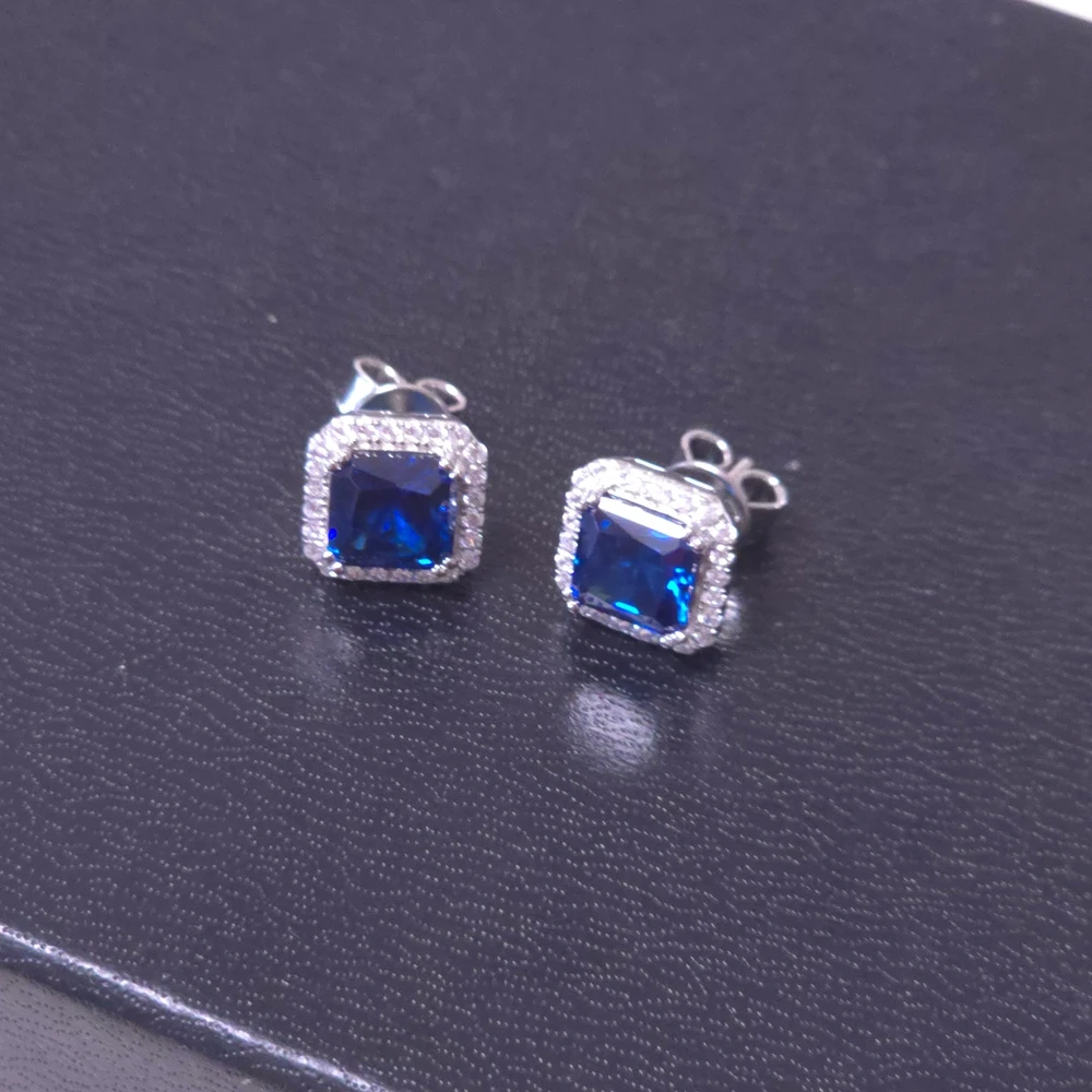 KQDANCE Solid 925 Sterling Silver With 7*7mm Square Sapphire Blue High Carbon Diamond Stud Earrings Necklaces Jewelry Sets New