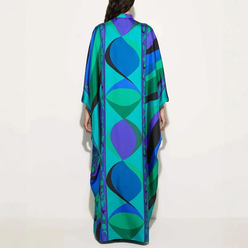 Vestaglie per donna Primavera Tie-up O Collo Abiti lunghi larghi Stampa geometrica retrò Abito lungo da festa Autunno Manica 3/4 Abito Boho da vacanza
