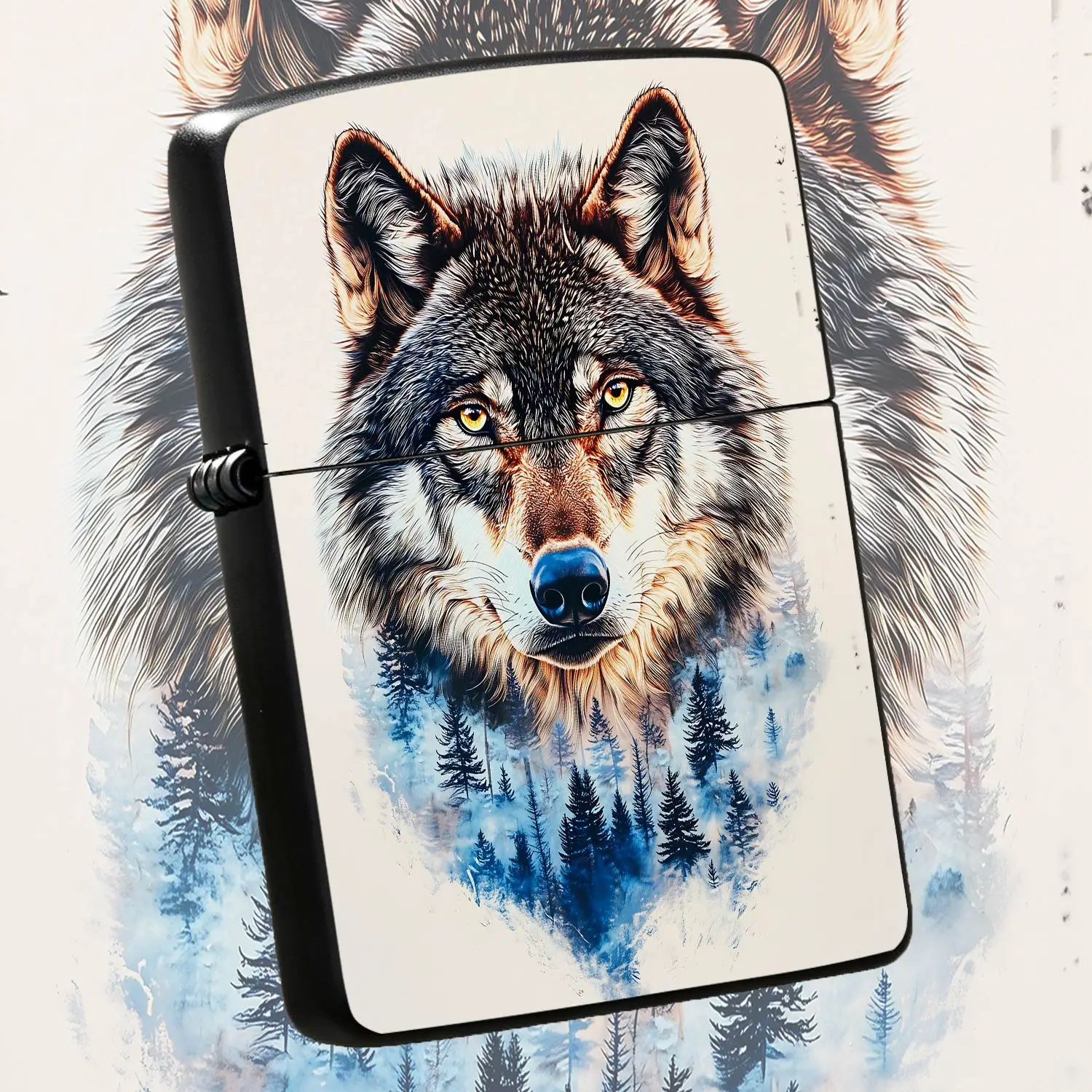 Vintage Double Exposure Wolf Head Lighter, Artistic Print Of Wild Wolf Face Over Misty Pine Forest, Classic Smooth-Operated Gadget For Outdoor Camping, Candle Lighting, Aroma Candle Ignition, Ideal Festive Present For N A Humorous And Inter