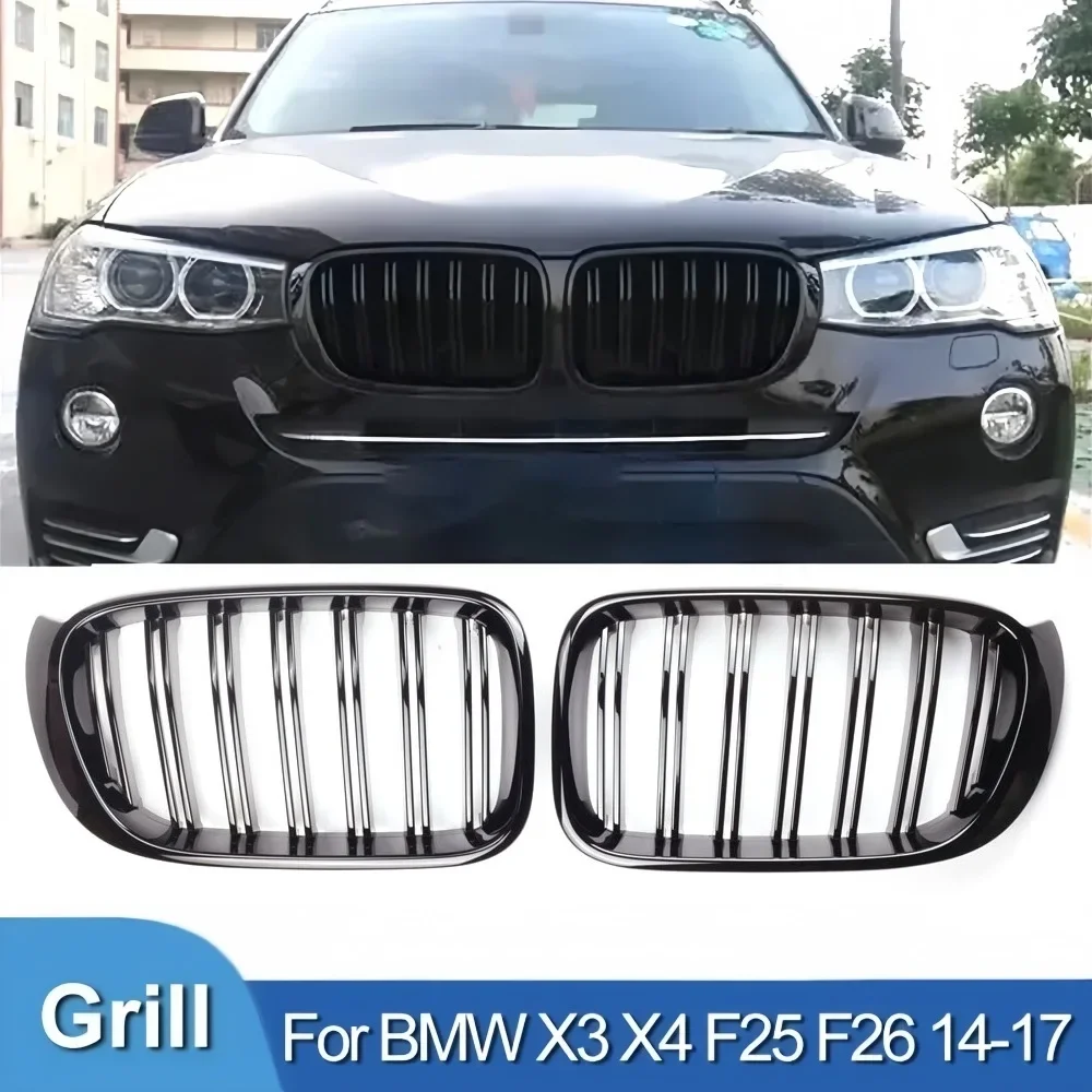 

For BMW X3 X4 F25 F26 2014 2015 2016 2017 Front Bumper Kidney Racing Grille 1Pair Car Double Line Sport Grill Glossy Black Cover