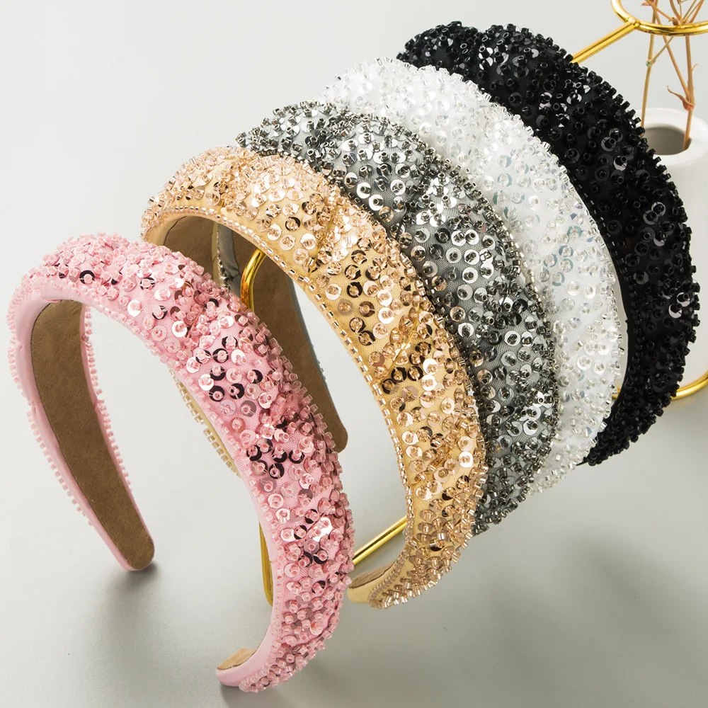 New light luxury handmade beaded sequins hair accessories creative wavy heavy industry wide edge pressure hair headband hair acc