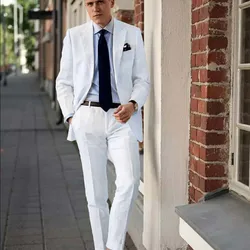 2024 White Linen Groom Wedding Suits Groomsmen Slim Fit Two Button Peaked Lapel Formal Work Prom Office Blazer Jacket 2 Pieces