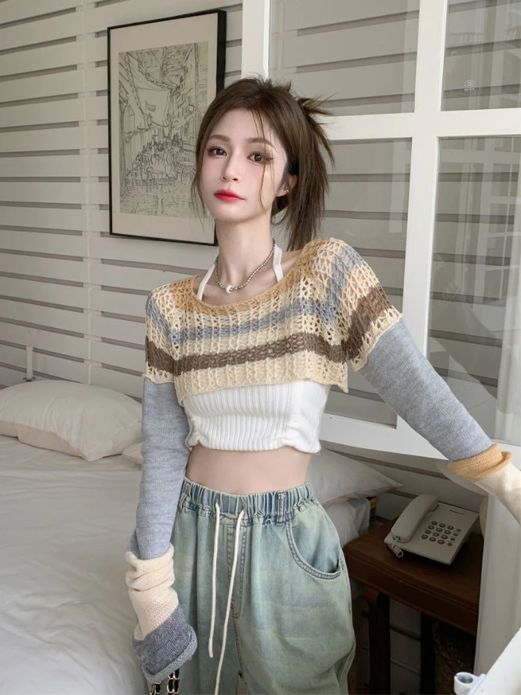 Przycięte panelowe bluzy w paski swetry Y2k ubrania Harajuku Ulzzang swetry w stylu casual na cały mecz dla pań Pull Femme Ropa Mujer