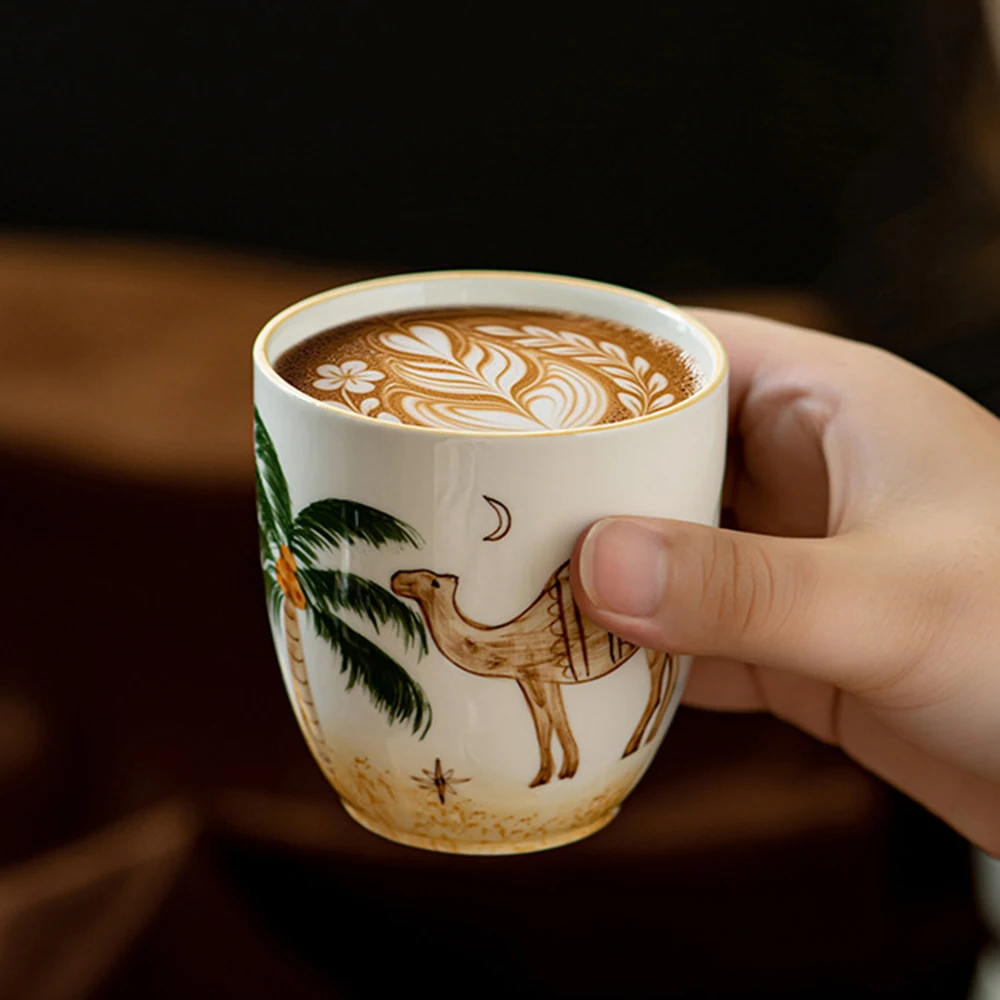 New Arrival Hand‑Painted Middle Eastern Style Ceramic Coffee Mugs, Arabic Palm Tree & Camel Tea Cups, Coffee Cups, 2 Pcs/Pack