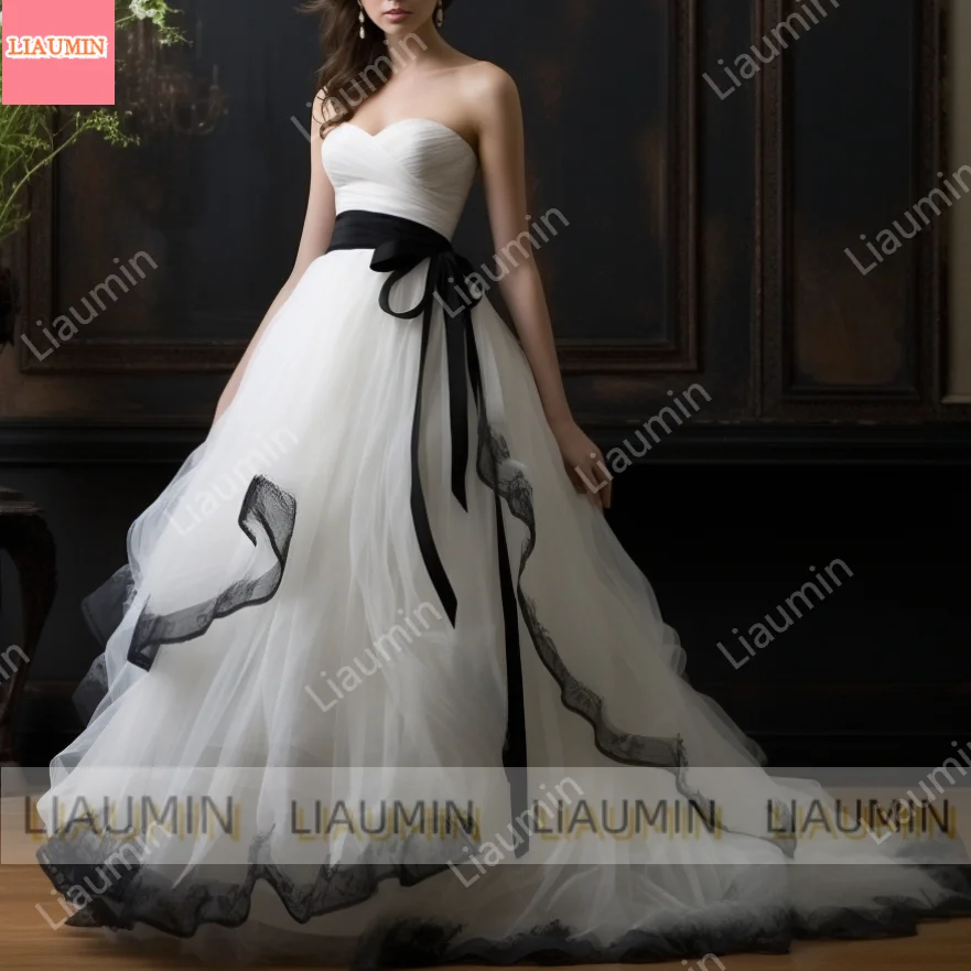 Vestidos de novia sin tirantes con apliques de encaje blanco y negro, vestidos de novia, ropa Formal hasta el suelo, hechos a mano personalizados,