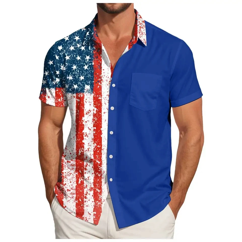 

Men's Button Up Shirt Patriotic American Flag Print Color Matching Tops Summer Short Sleeves Camisas Independence Day Shirts