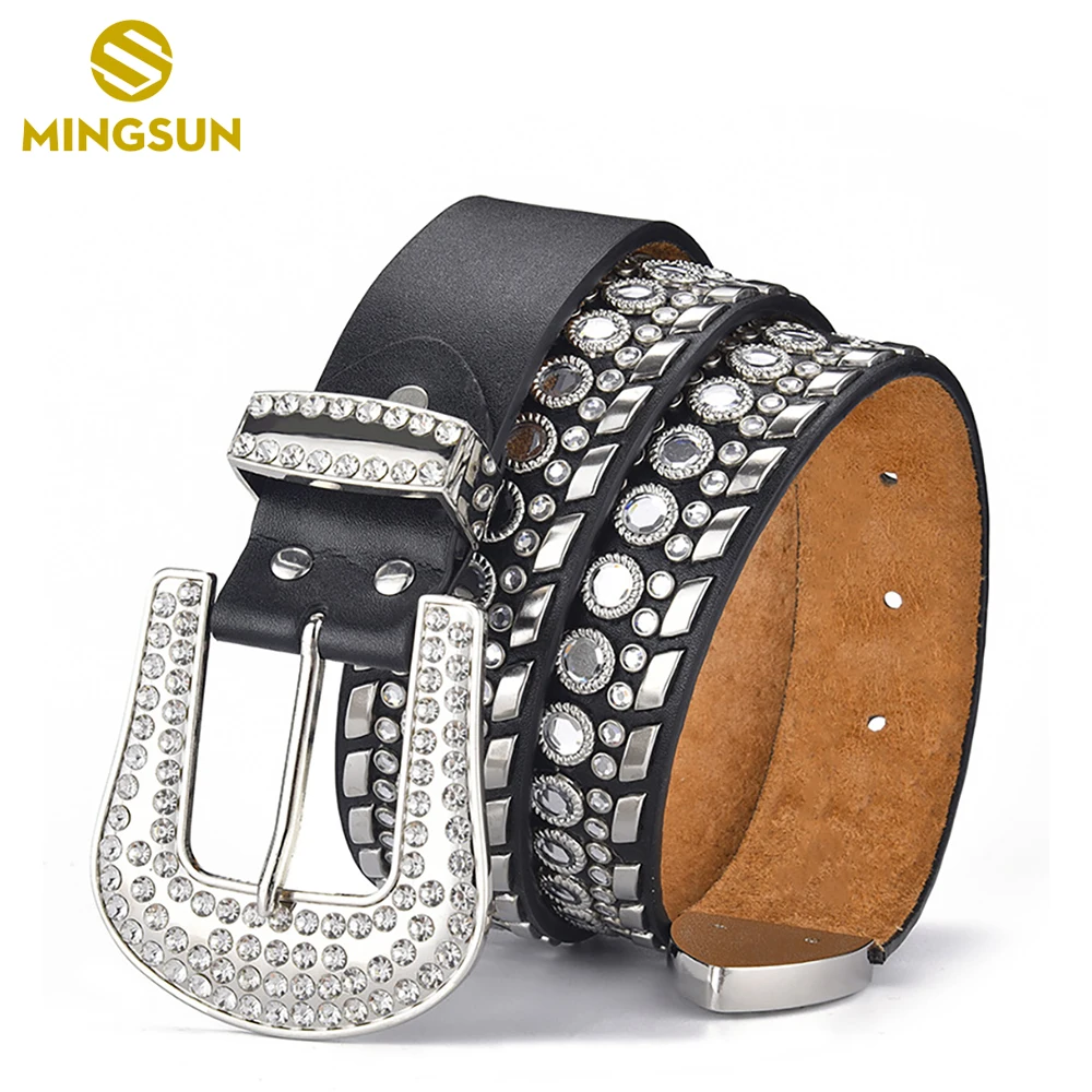 

Luxury New Fashion Black Leather Strap Western Diamond Studded Belt Goth Cowgirl Cowboy Rhinestone Belt for Women Men Cinturones