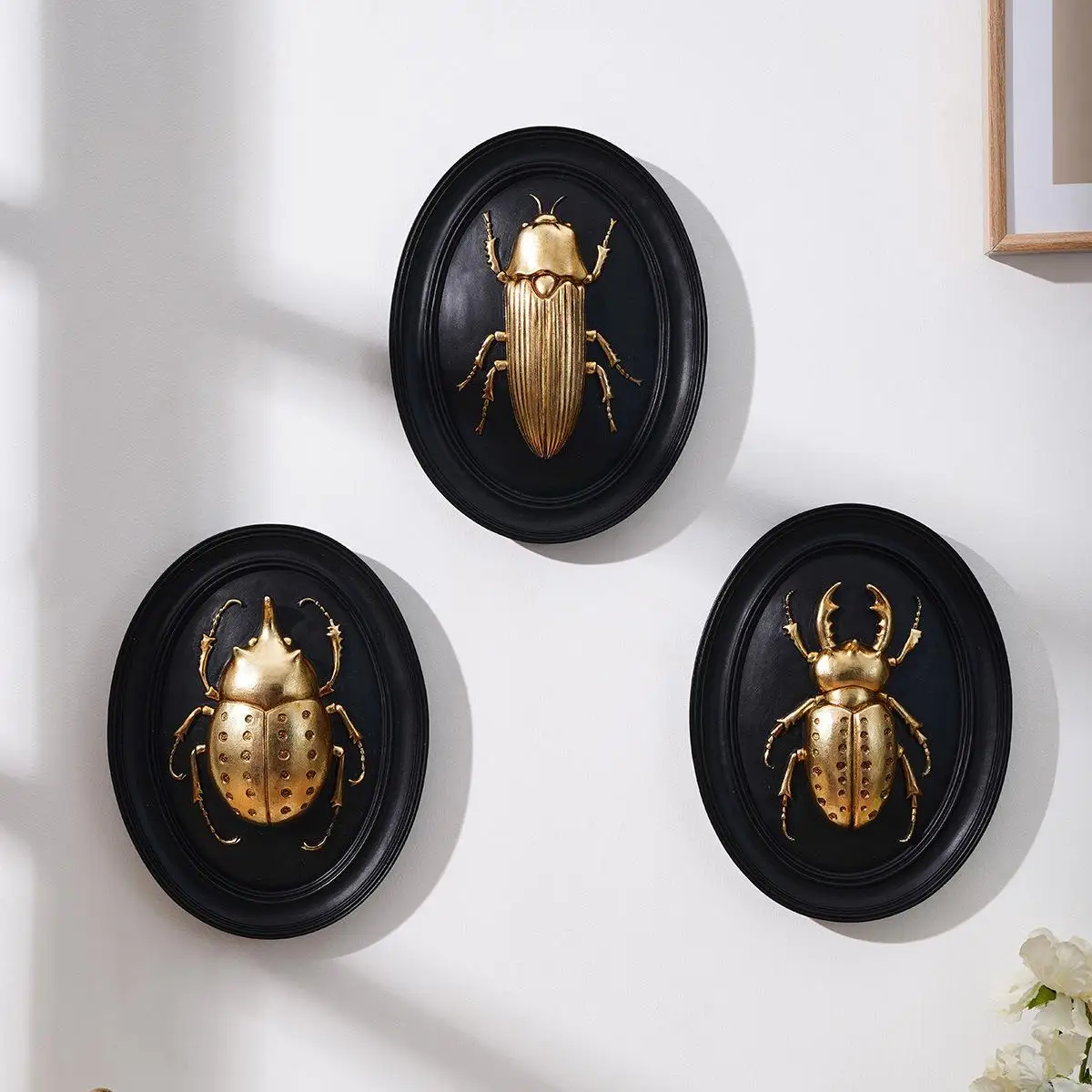 Dark Style Golden Beetle Relief Wall Decoration. Elliptical Black Background Giant Centipede. Combined Wall Decoration Piece