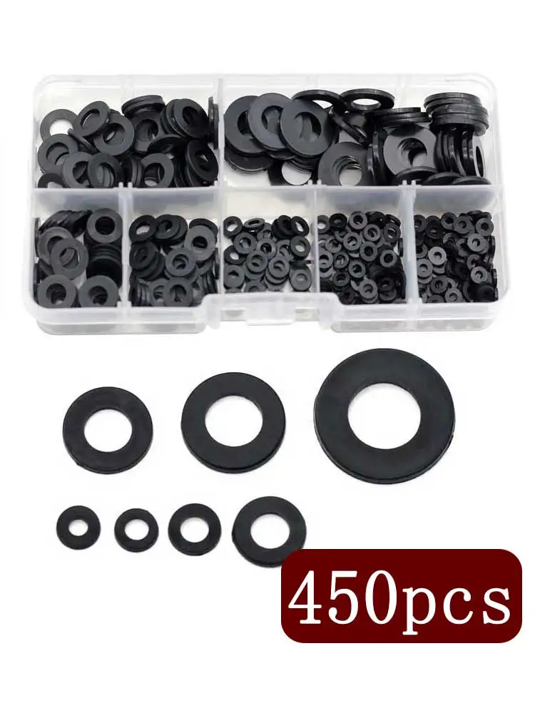 

450Pcs Black Nylon Flat Washer Assortment Kit for M2 M2.5 M3 M4 M5 M6 M8 Screw Bolt Flat Plastics Gasket