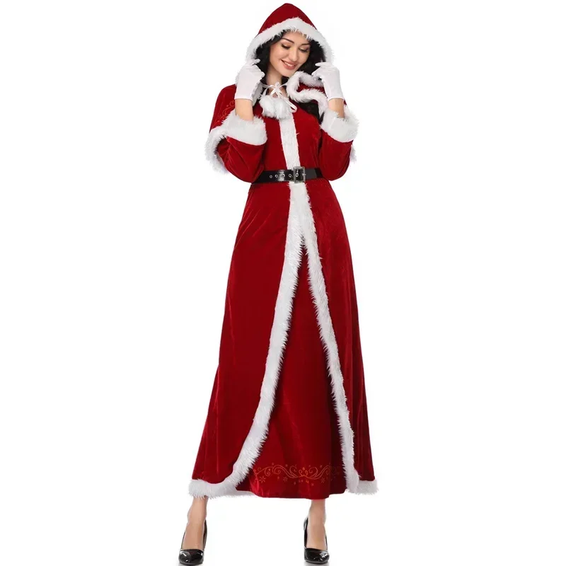 Sexy Christmas Costume Dress Women Fur Trim Christmas Santa Claus Cloak Xmas Costumes Winter Little Red Ridding Hood Long Dress