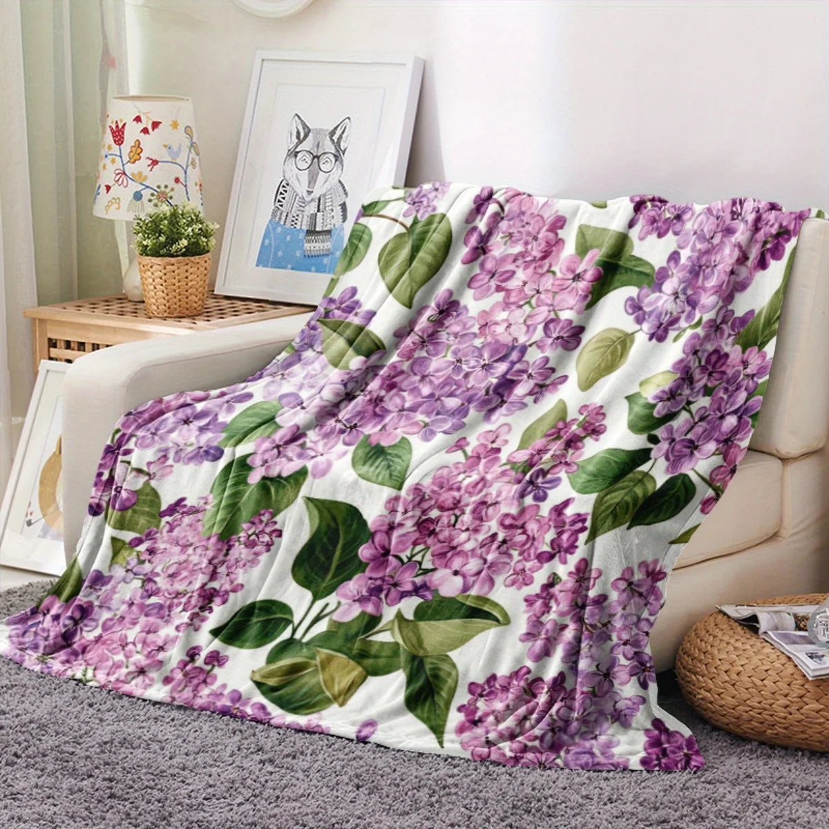 Elegant Lilac Floral Blanket - Soft Flannel with Vintage Lilac & Green Leaves Print,for Sofa Bed Office Car Camping, Home Decor