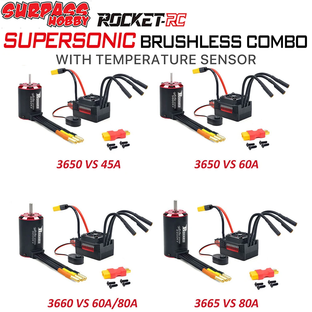 

Rocket V2 3650 3660 3665 Brushless Waterproof Motor W/ Temp Sensor 45A/60A/80A ESC Combo for 1/8 1/10 RC Car Plane Traxxas Trx4