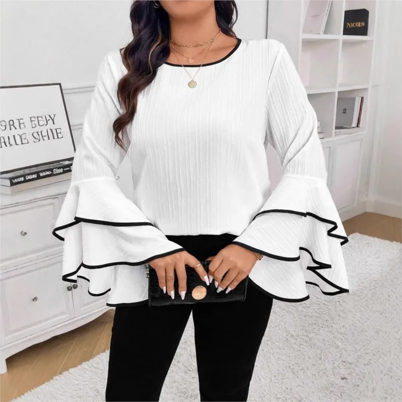 

Elegant Spring Autumn New Women's Fashion Horn Lotus Leaf Sleeve Top Casual Solid Color Round Neck T-shirt Ropa Mujer