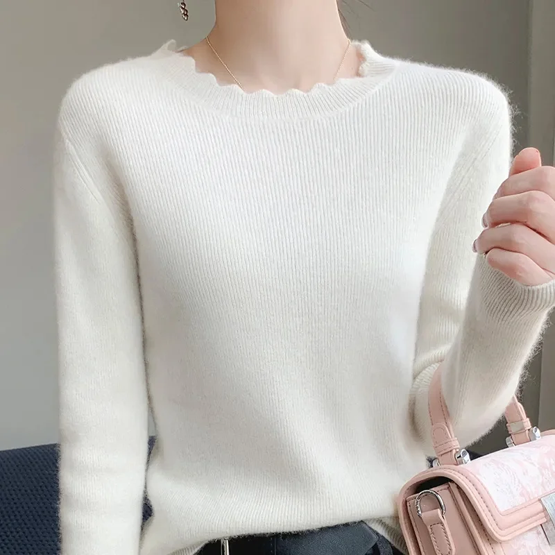 

Autumn Women Mock Neck Ruffles Sweater Long Sleeve Knitted Bottoming Solid Pullovers Stripe For Women Sweater Winter