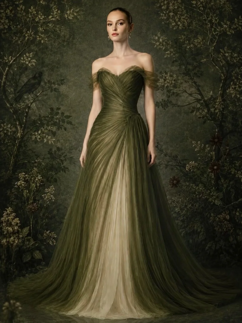 Vestido Corsé de Tul Verde Oliva con Detalle de Plumas en los Hombros Descubiertos y Espalda de Satén | Vestido de invitada personalizado para noche/baile de graduación/boda