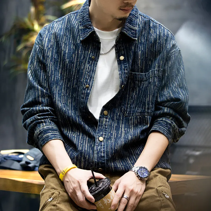 Men Vintage Striped Jacquard Denim Shirt Oversized Long Sleeve Casual Pocket Shacket Outerwear