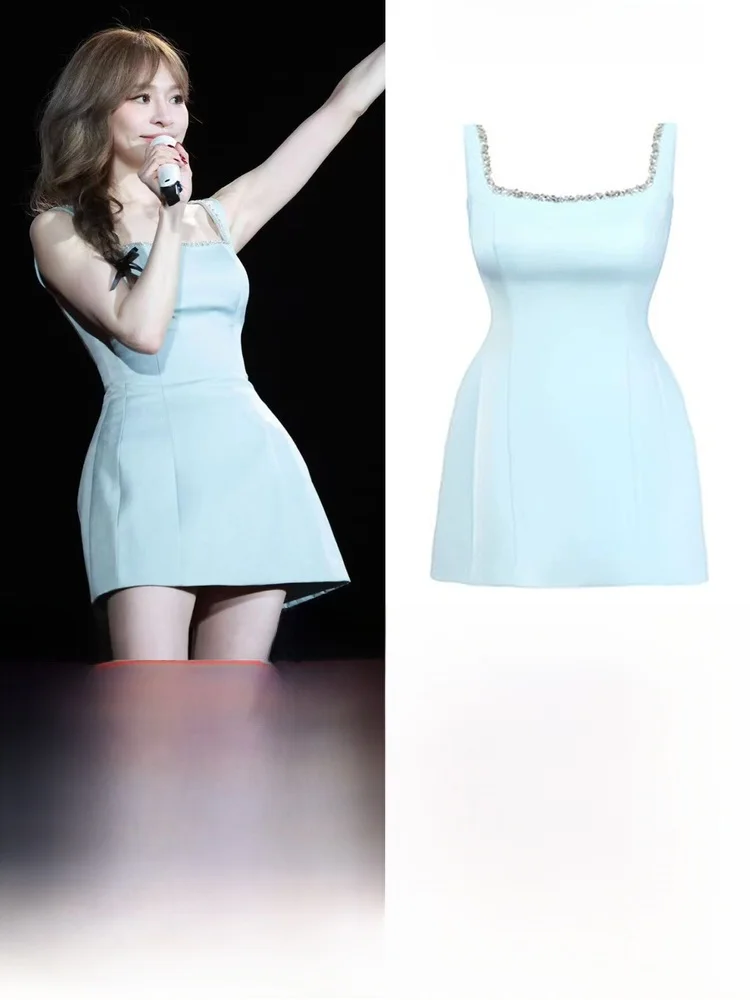 

Синее платье с квадратным вырезом и бретелями, женское, лето 2025, новинка, без рукавов, короткое, модное, с высокой талией, короткое платье-юбка