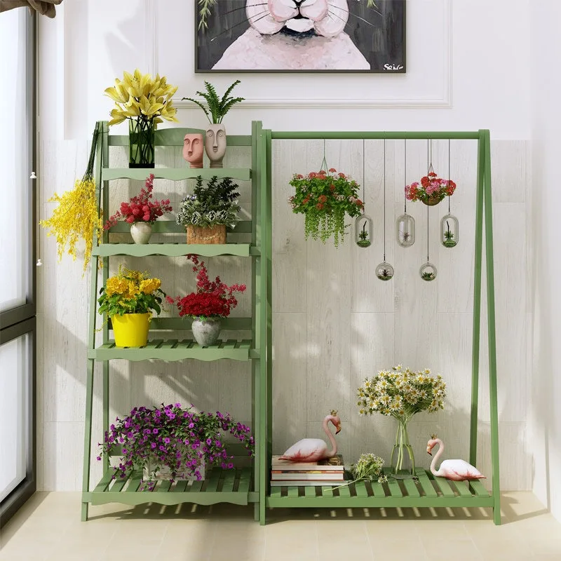 Pastoral wooden office flower stand simple solid wood swing climbing vine living room dill hanging orchid shelf flower pot rack
