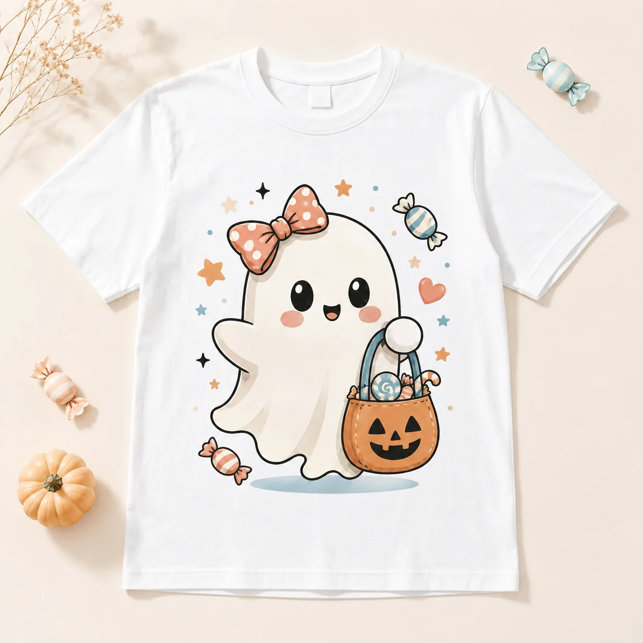 100% Cotton Cute Smiling Ghost Pink Bow Pumpkin Candy Graphic Tee Women Halloween Trick Or Treat Fall Casual Top