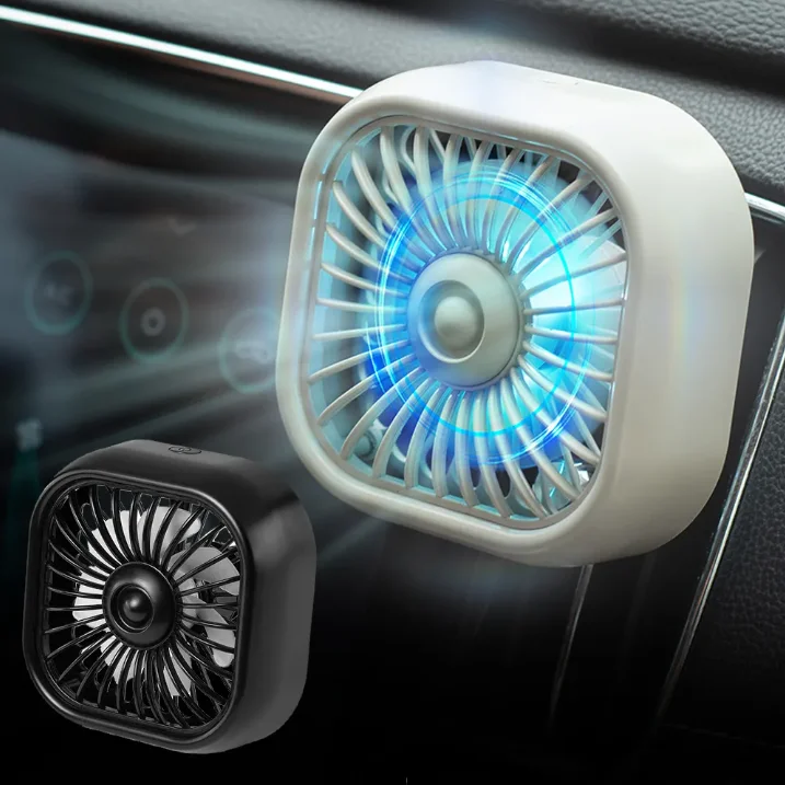 Car USB Electric Fan 3 Speeds Adjustable Powerful Cooling Fan Atmosphere Colorful Light Car Air Conditioner Outlet Mini Clip Fan