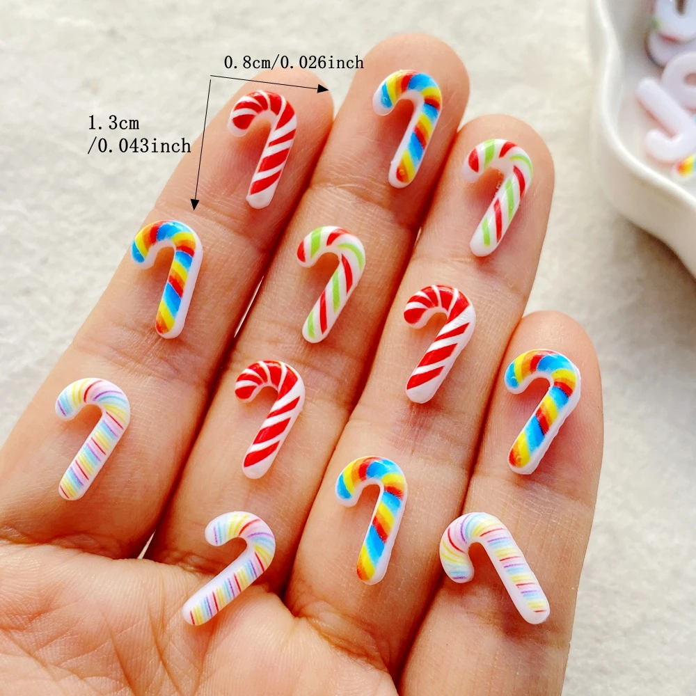 50PCS Cute Mini Christmas crutches Nail Art Charms Creative Colorful Resin Nail Decorations for DIY Hairpin Nails Crafts