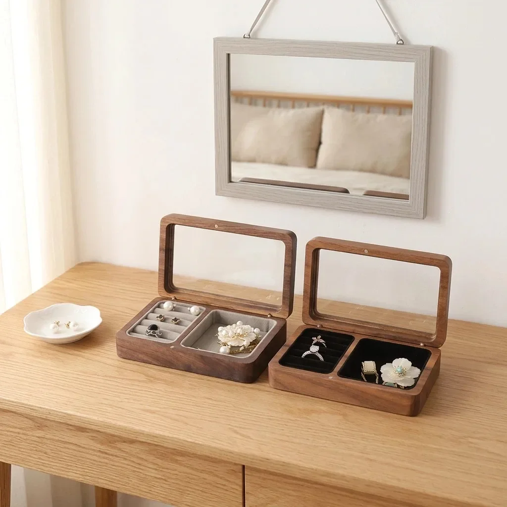 Magnetic Wood Jewelry Organizer,Divided Compartments Clear-lid Box for Rings,Earrings&Necklaces,portable jewelry box for travel