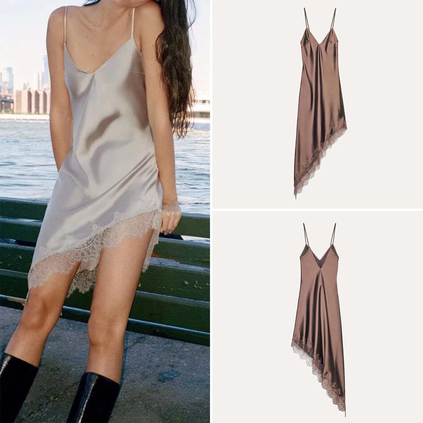 Z レディース アシンメトリーレースドレス 2025 新ファッション 個性的な高品質感覚 Vネック ノースリーブ カジュアル デイリードレス