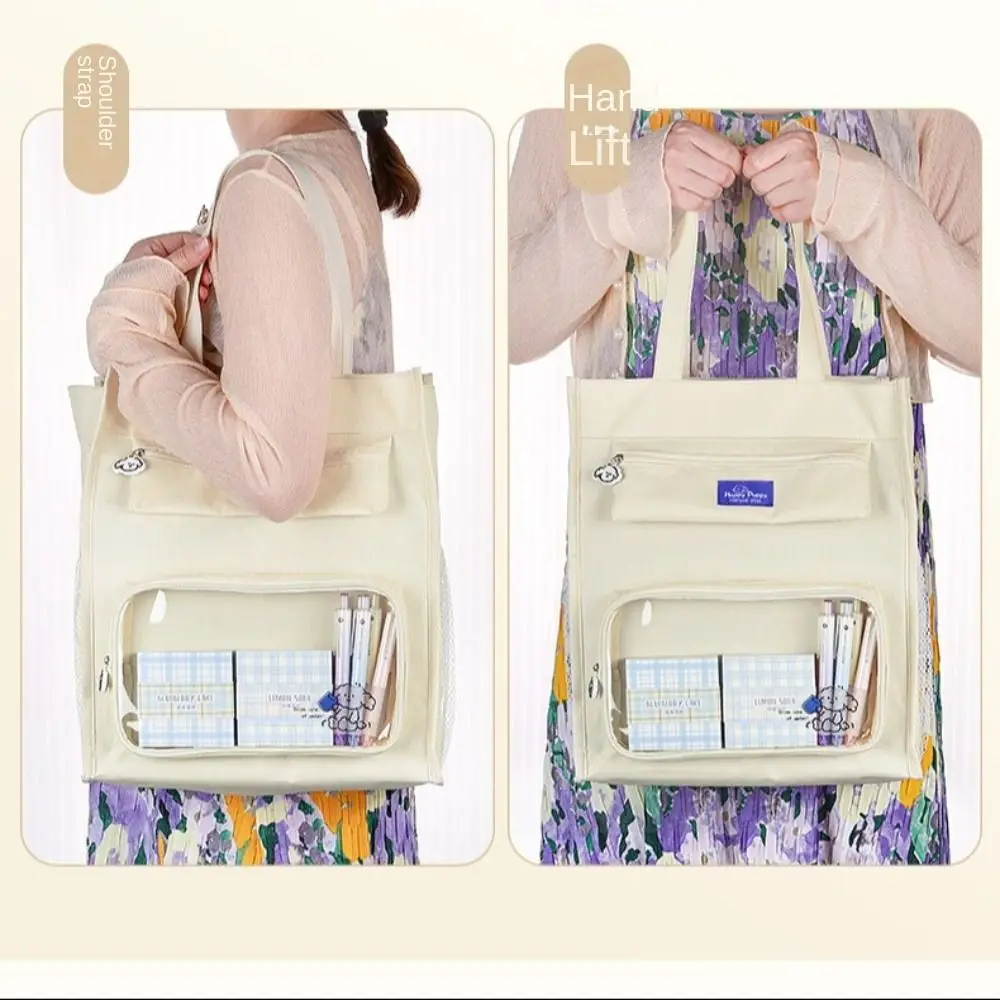 

Canvas Student Tote Bag Multi-pocket Transparent Hand-held School Bag Coin Purse Portable Canvas Storage Handbag Students