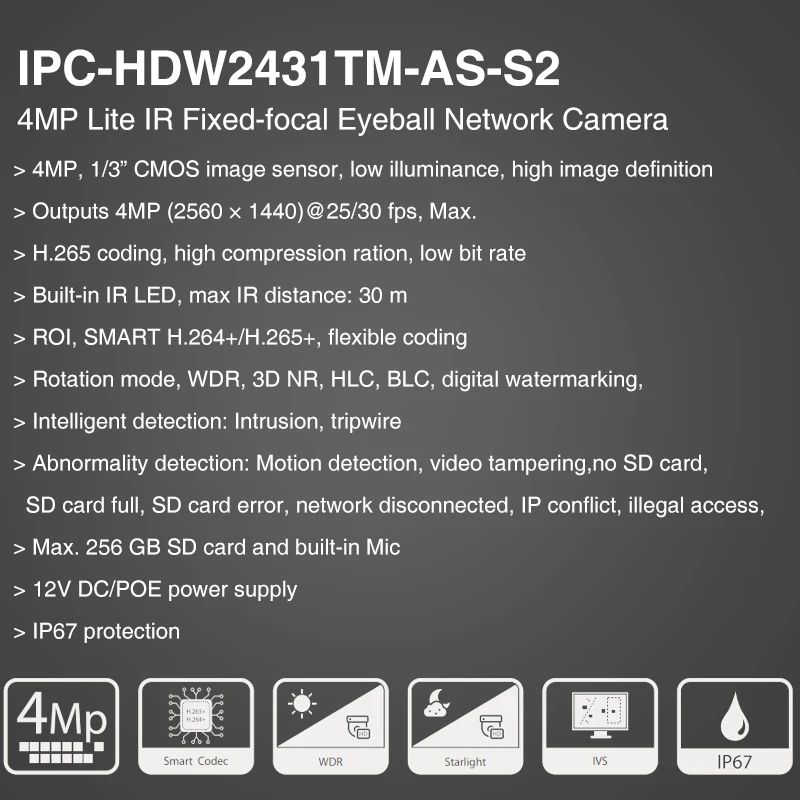 Dahua Original Multi-Lauguage IPC-HDW2431TM-AS-S2 4MP POE Built in MiC & SD Card Slot H.265+ IP67 IR 30M IVS Starlight IP Camera