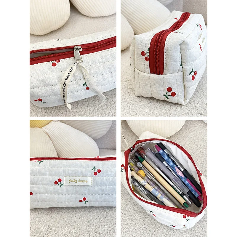 Quilted Cotton Ladies Travel Storage Bag Retro Cherry Women\'s Cosmetic Bags Cute Design Girls Pencil Case Makeup Bag Handbags