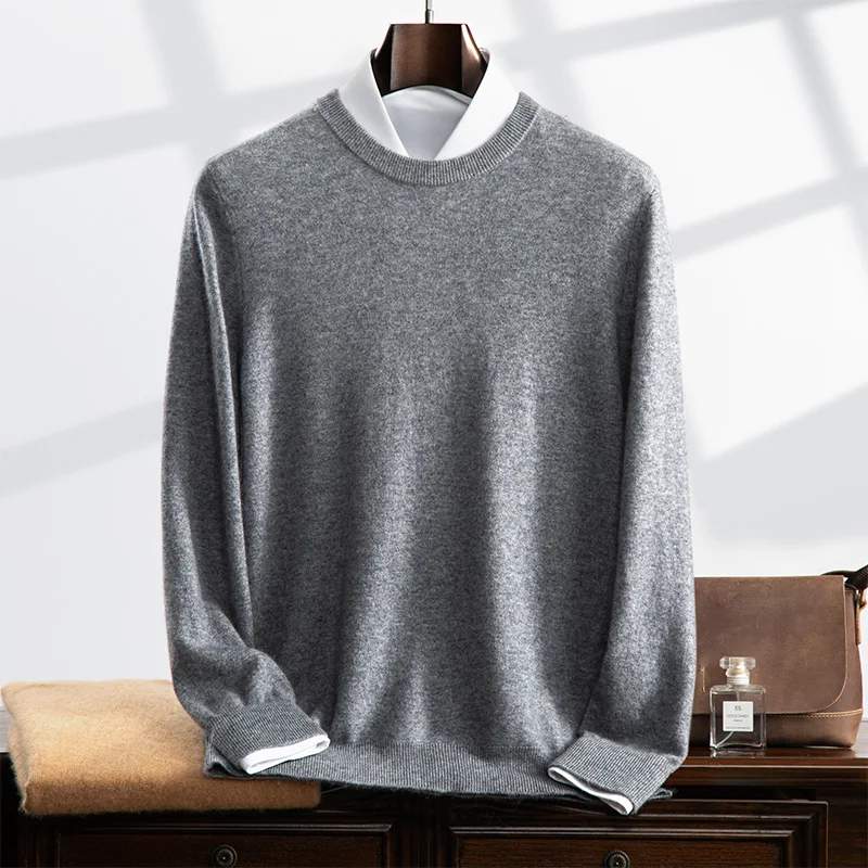 

Pure Goat Cashmere Men's Crew Neck Jumper Business Casual Long Sleeve Sweater Autumn Winter Solid Color Knitted Basic Top