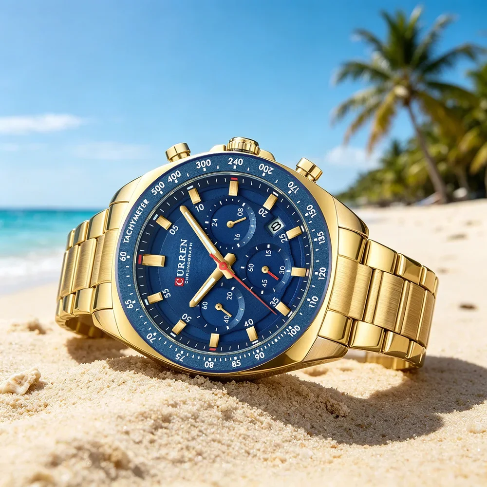 NEW CURREN 8497 Brand Men's Chronograph Watch Stainless Steel Band Luminous Hands Date Waterproof Quartz Timepiece Relógio