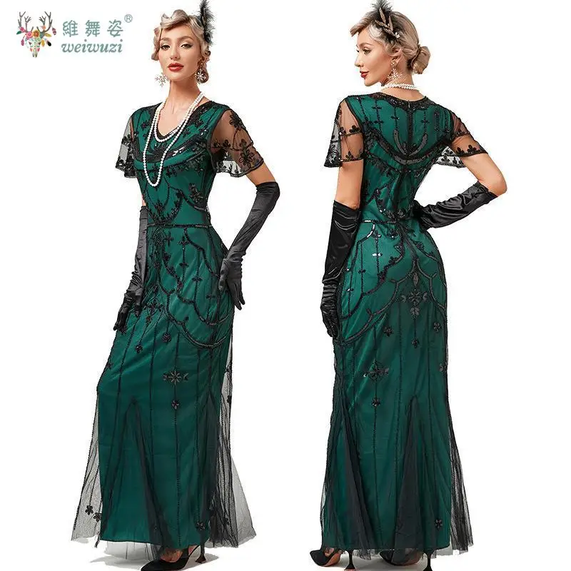 

Vintage Elegant Fashion Sequin Short Sleeved Slim Fit Banquet Thin Gauze Mesh Bead Embroidery Evening Gown Long Fish Tail Skirt